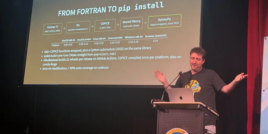 Andrew Annex's 'From Fortran to pip install' slide: Fortran 77 to f2c to CSPICE to a CMake shared library to SpiceyPy, with a wheel matrix including wasm32