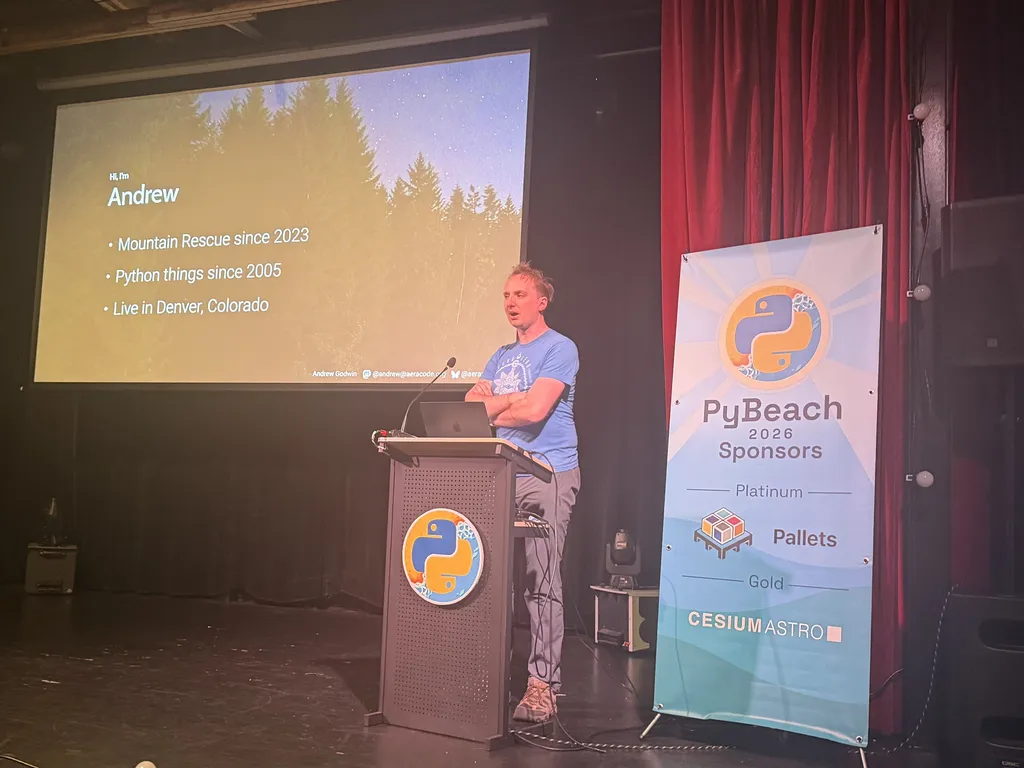 Andrew Godwin's intro slide: mountain rescue since 2023, Python things since 2005, lives in Denver, Colorado