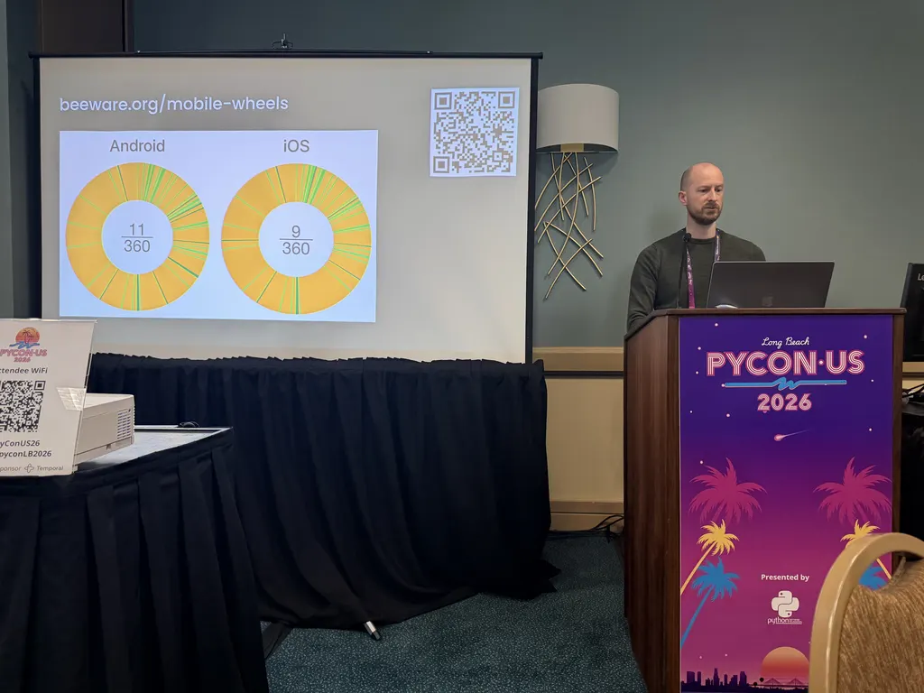 Malcolm Smith beeware.org/mobile-wheels slide showing Android 11 of 360 packages and iOS 9 of 360 packages with mobile wheel support