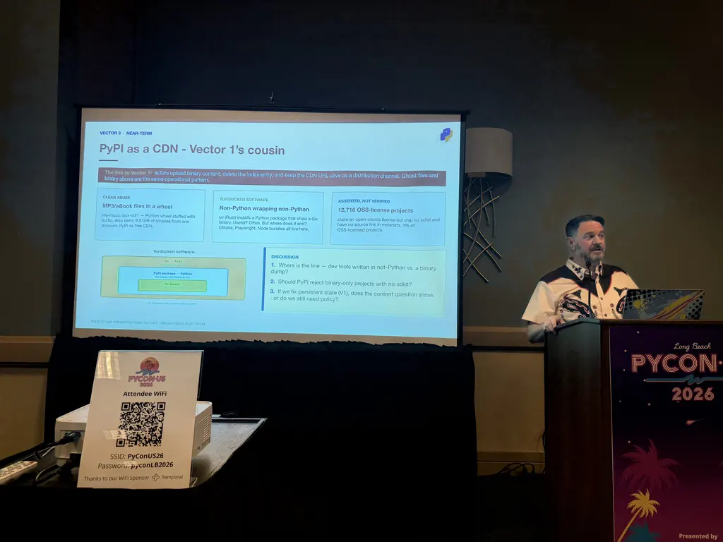 Mike Fiedler PyPI as a CDN slide with three columns Clean Abuse, Turducken Software, and Asserted Not Verified showing 12716 OSS-license projects with no source distribution