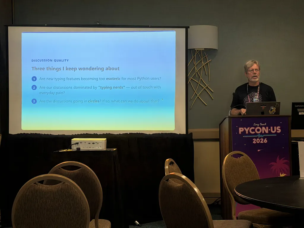 Guido van Rossum Three things I keep wondering about slide asking whether new typing features are too esoteric for Python users, whether discussions are dominated by typing nerds, and whether discussions go in circles