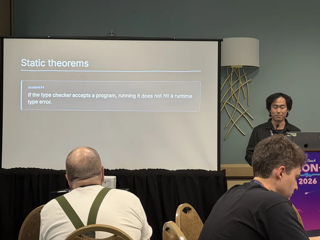 Jia Chen Static theorems slide stating soundness: if the type checker accepts a program, running it does not hit a runtime type error
