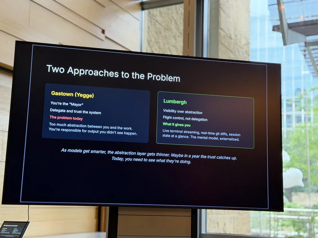 Slide comparing Gastown (Yegge) and Lumbergh approaches to AI coding visibility