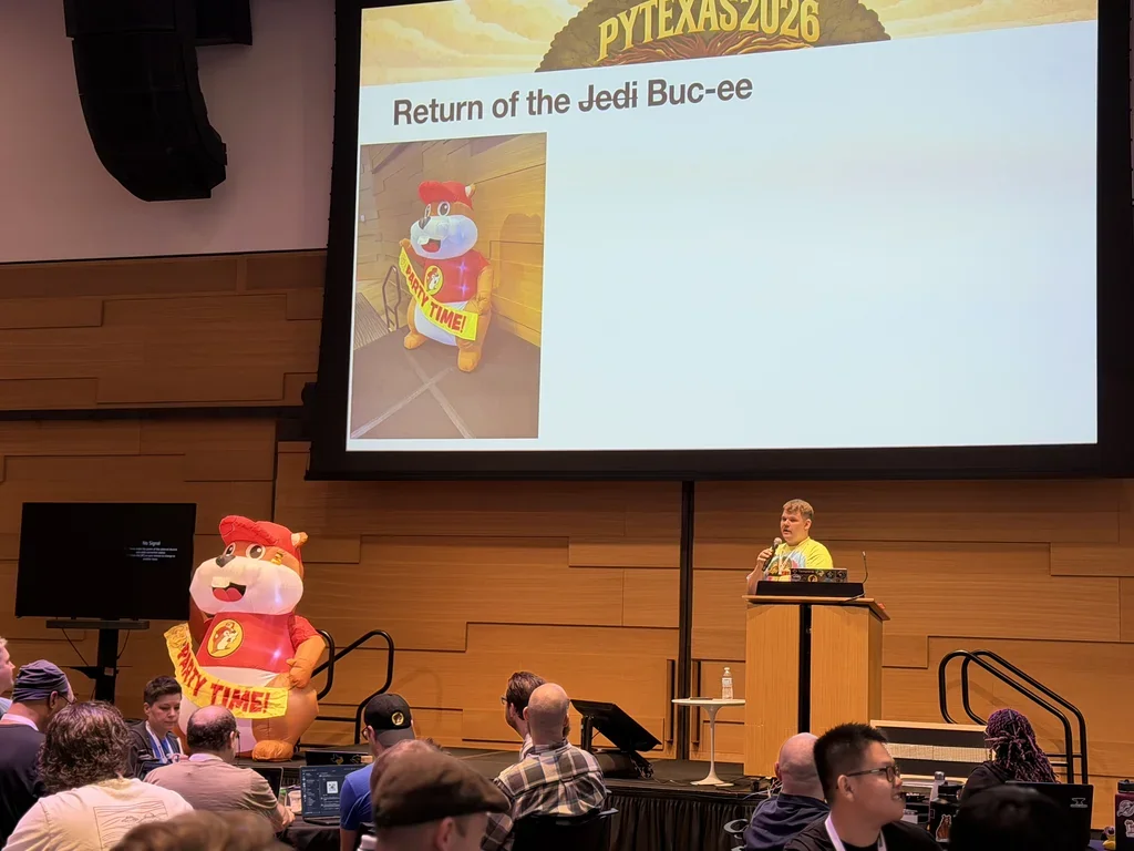 PyTexas 2026 opening remarks with inflatable Buc-ee mascot