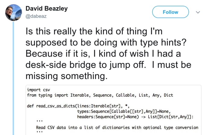 Frustrated tweet about type hints